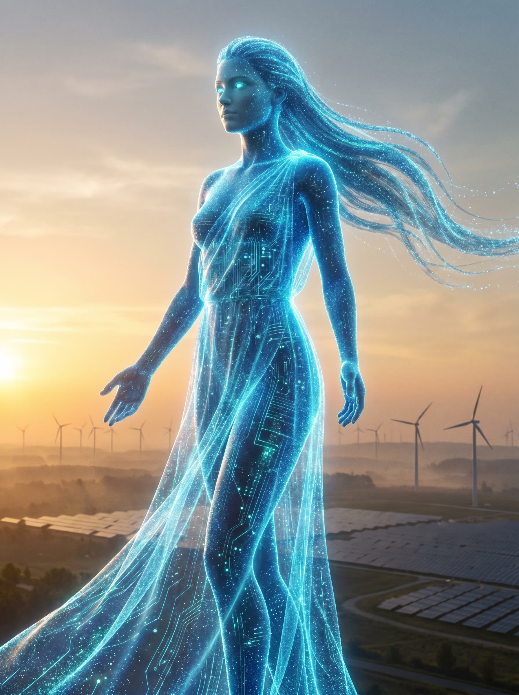 Digital Giant — a benevolent electric figure giving energy outward